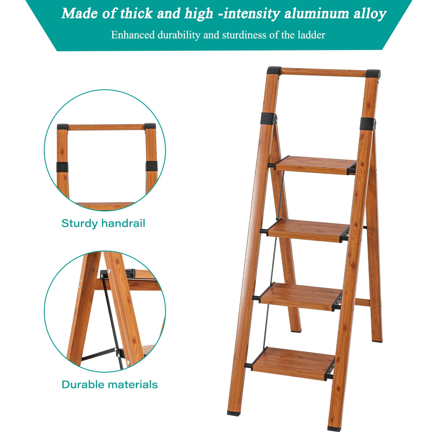 4-Step Aluminum Folding Step Stool Ladder 330 lbs. Load Capacity Type IA Duty Rating (5.48 ft. Reach Height), Wood GRain