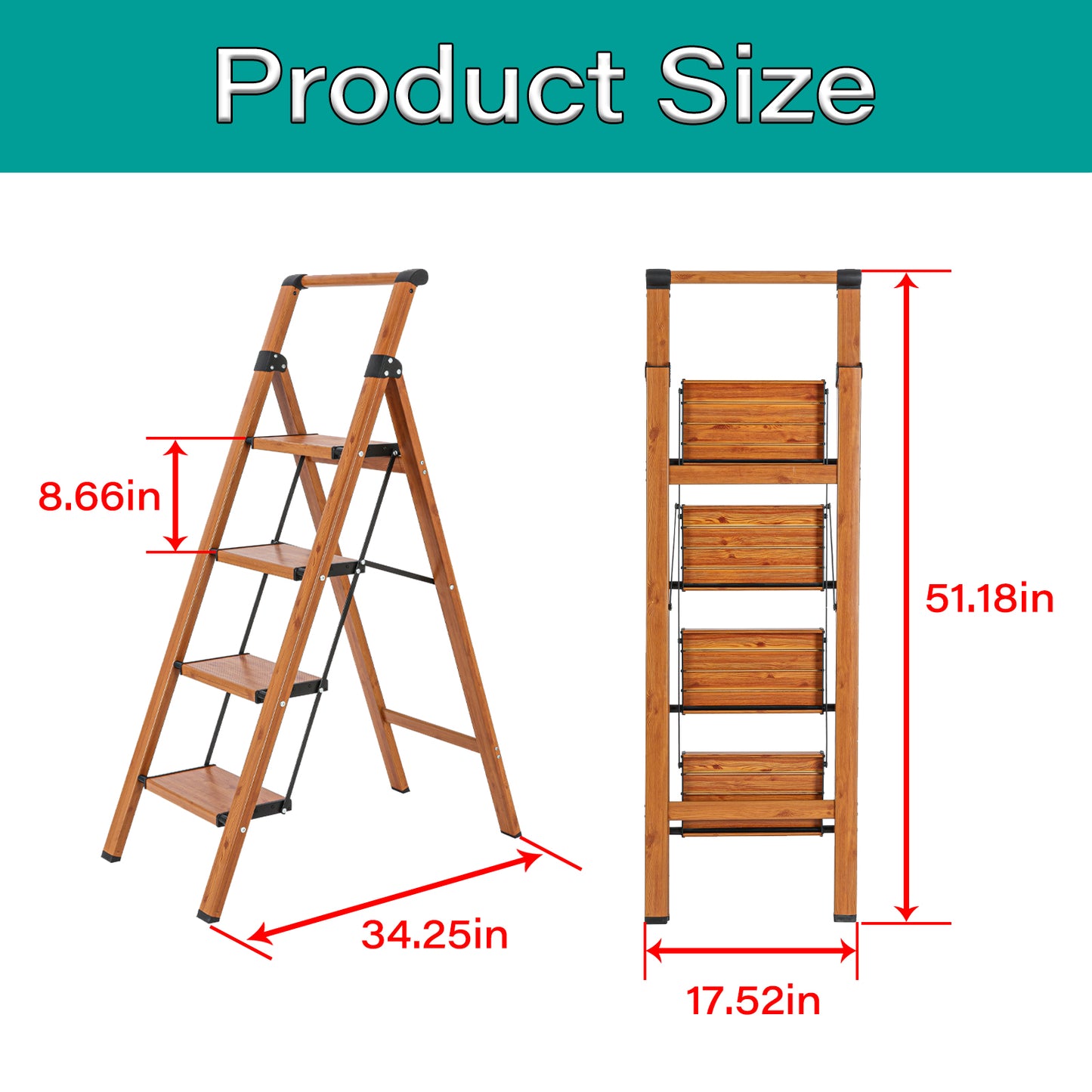 4-Step Aluminum Folding Step Stool Ladder 330 lbs. Load Capacity Type IA Duty Rating (5.48 ft. Reach Height), Wood GRain