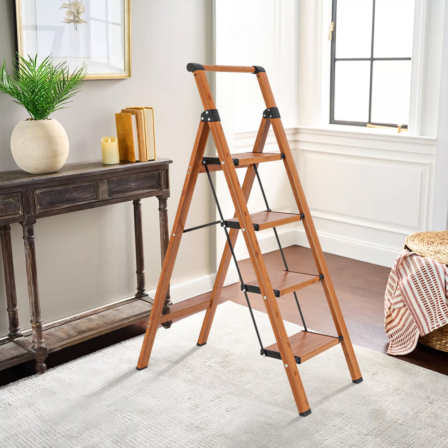 4-Step Aluminum Folding Step Stool Ladder 330 lbs. Load Capacity Type IA Duty Rating (5.48 ft. Reach Height), Wood GRain