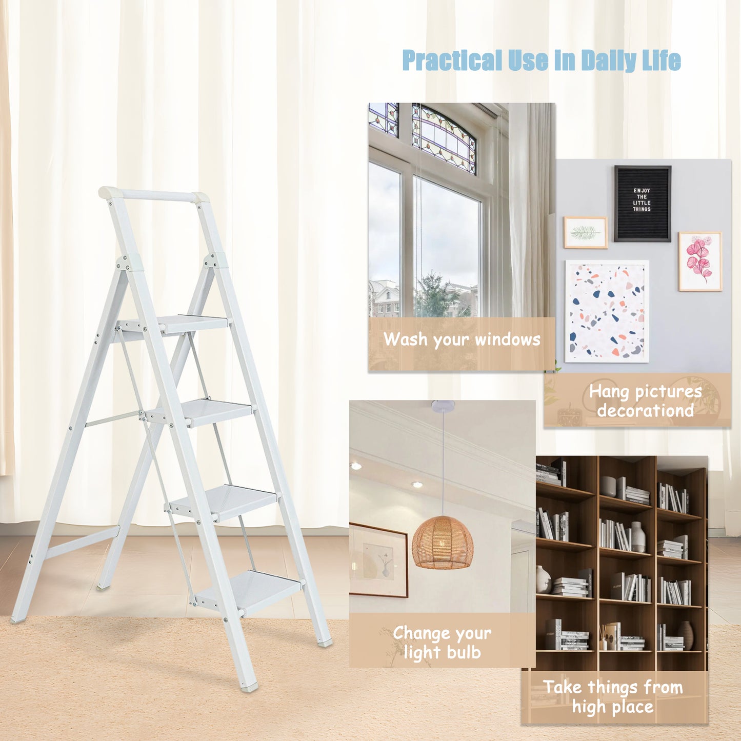 4-Step Aluminum Folding Step Stool Ladder 330 lbs. Load Capacity Type IA Duty Rating (5.48 ft. Reach Height), White