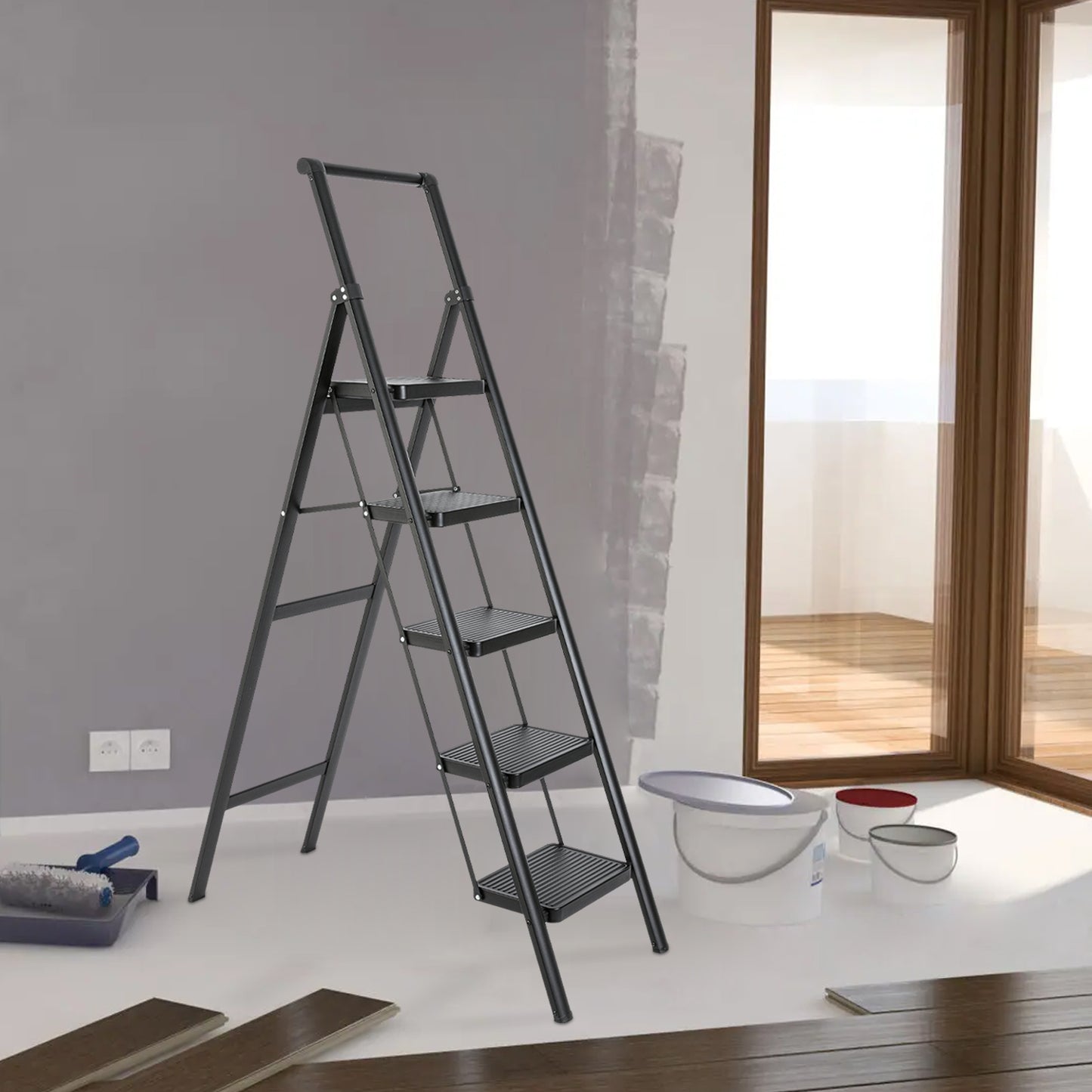 5-Step Aluminum Folding Step Stool Ladder 330 lbs. Load Capacity Type IA Duty Rating (5.54 ft. Reach Height), Black