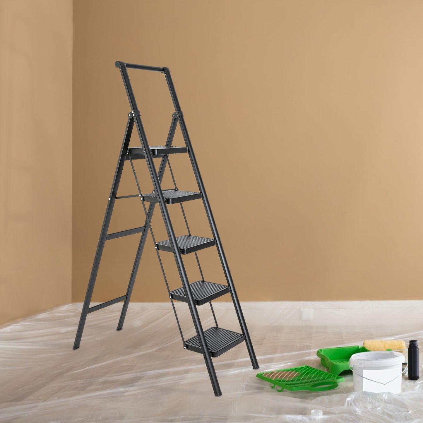 5-Step Aluminum Folding Step Stool Ladder 330 lbs. Load Capacity Type IA Duty Rating (5.54 ft. Reach Height), Black