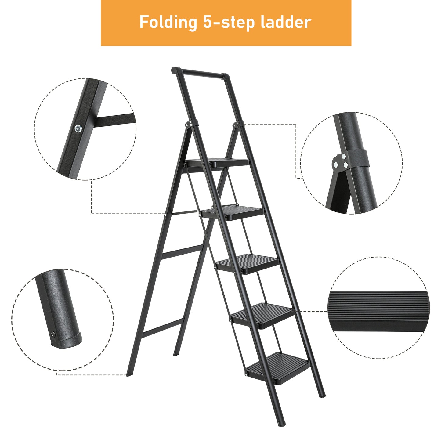 5-Step Aluminum Folding Step Stool Ladder 330 lbs. Load Capacity Type IA Duty Rating (5.54 ft. Reach Height), Black