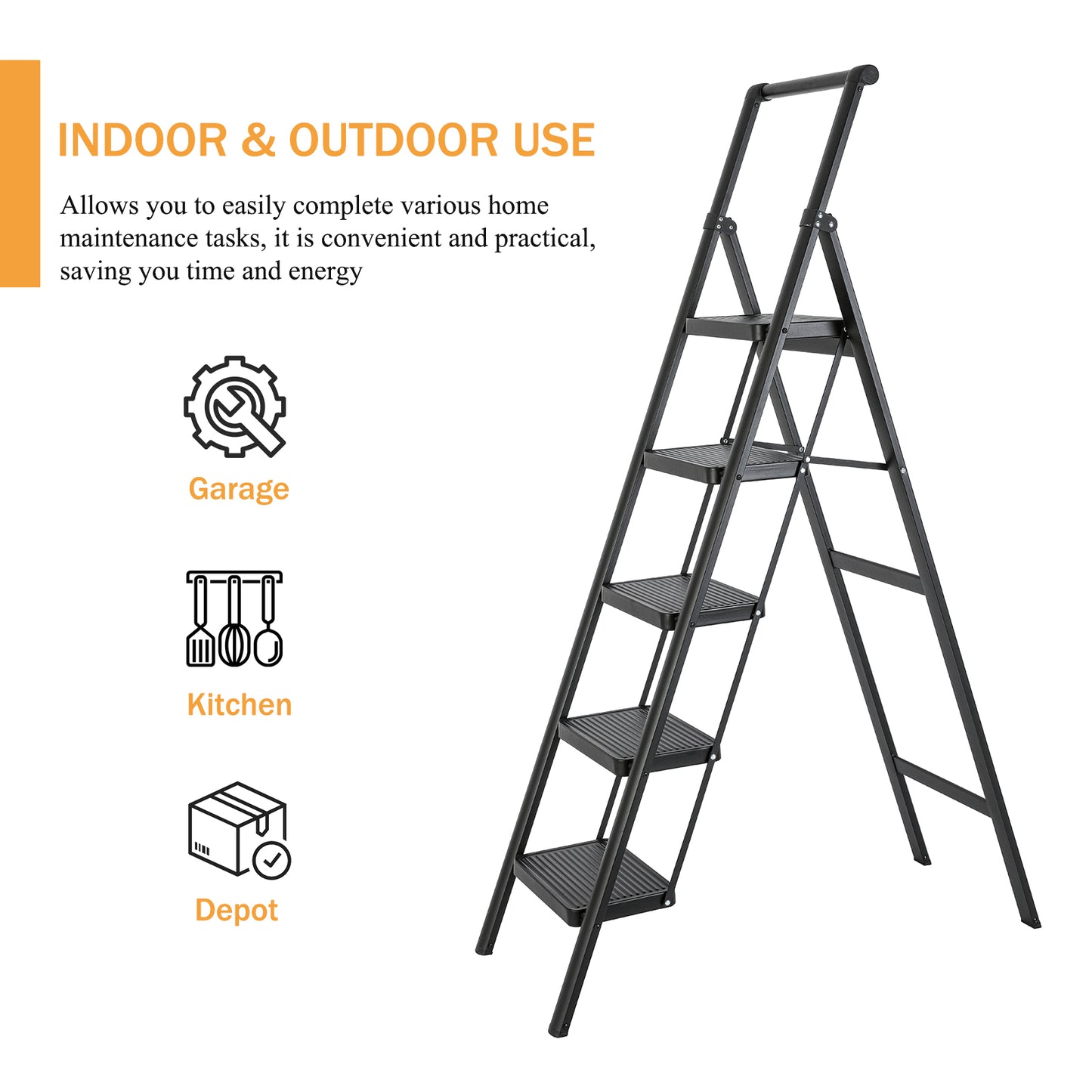 5-Step Aluminum Folding Step Stool Ladder 330 lbs. Load Capacity Type IA Duty Rating (5.54 ft. Reach Height), Black