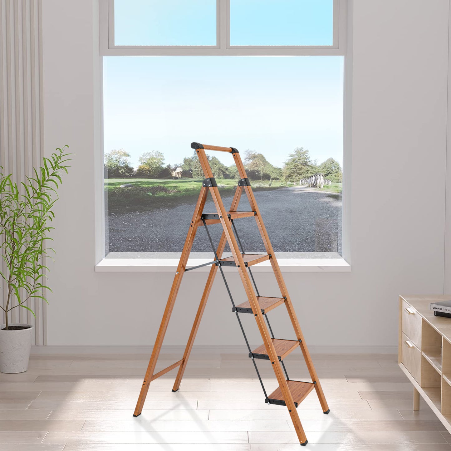 5-Step Aluminum Folding Step Stool Ladder 330 lbs. Load Capacity Type IA Duty Rating (5.54 ft. Reach Height), Wood GRain