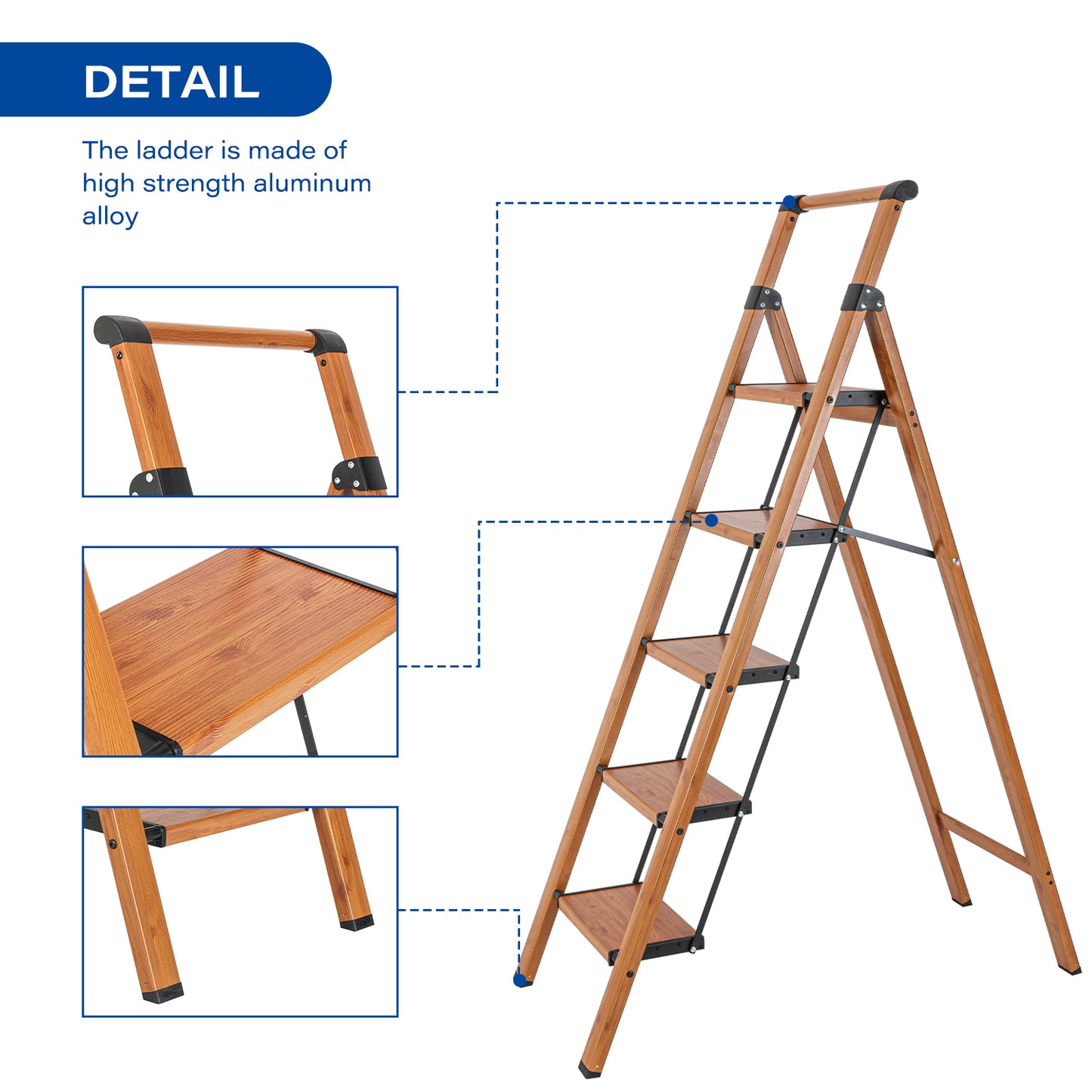 5-Step Aluminum Folding Step Stool Ladder 330 lbs. Load Capacity Type IA Duty Rating (5.54 ft. Reach Height), Wood GRain