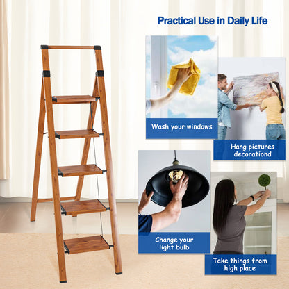 5-Step Aluminum Folding Step Stool Ladder 330 lbs. Load Capacity Type IA Duty Rating (5.54 ft. Reach Height), Wood GRain