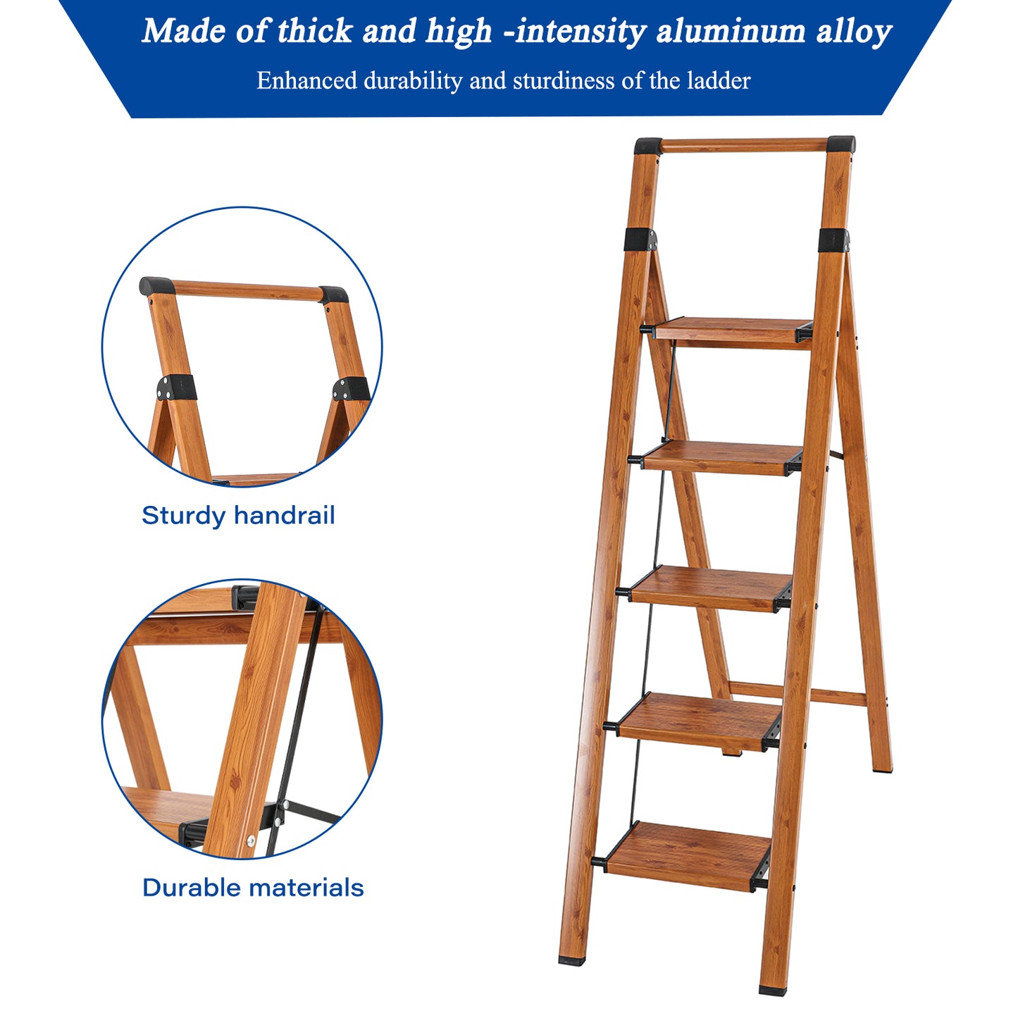 5-Step Aluminum Folding Step Stool Ladder 330 lbs. Load Capacity Type IA Duty Rating (5.54 ft. Reach Height), Wood GRain