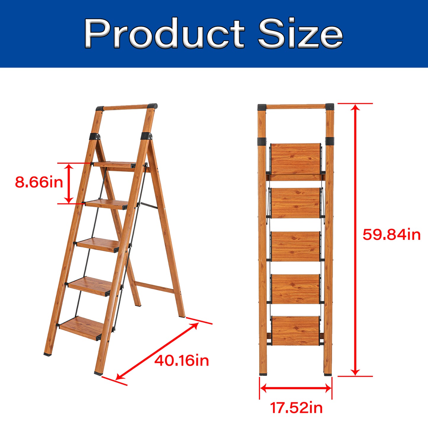 5-Step Aluminum Folding Step Stool Ladder 330 lbs. Load Capacity Type IA Duty Rating (5.54 ft. Reach Height), Wood GRain
