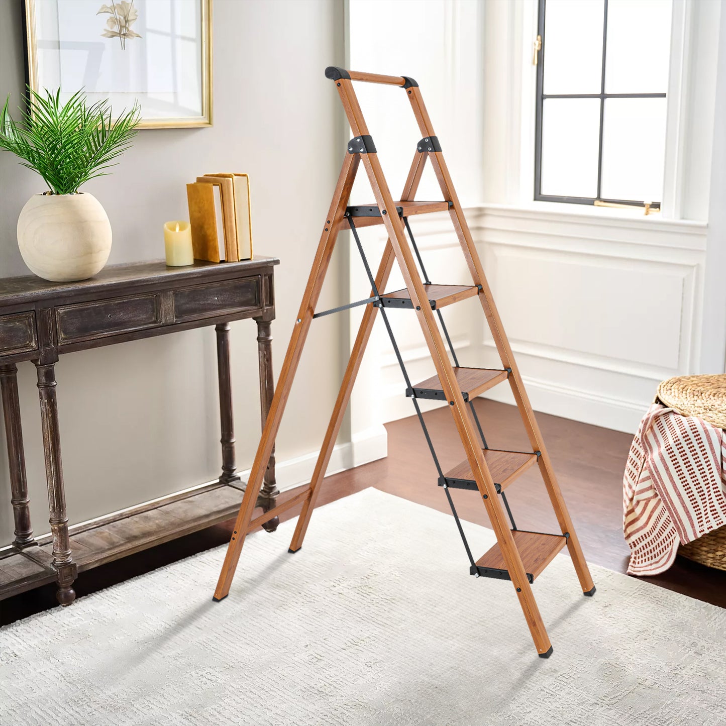 5-Step Aluminum Folding Step Stool Ladder 330 lbs. Load Capacity Type IA Duty Rating (5.54 ft. Reach Height), Wood GRain