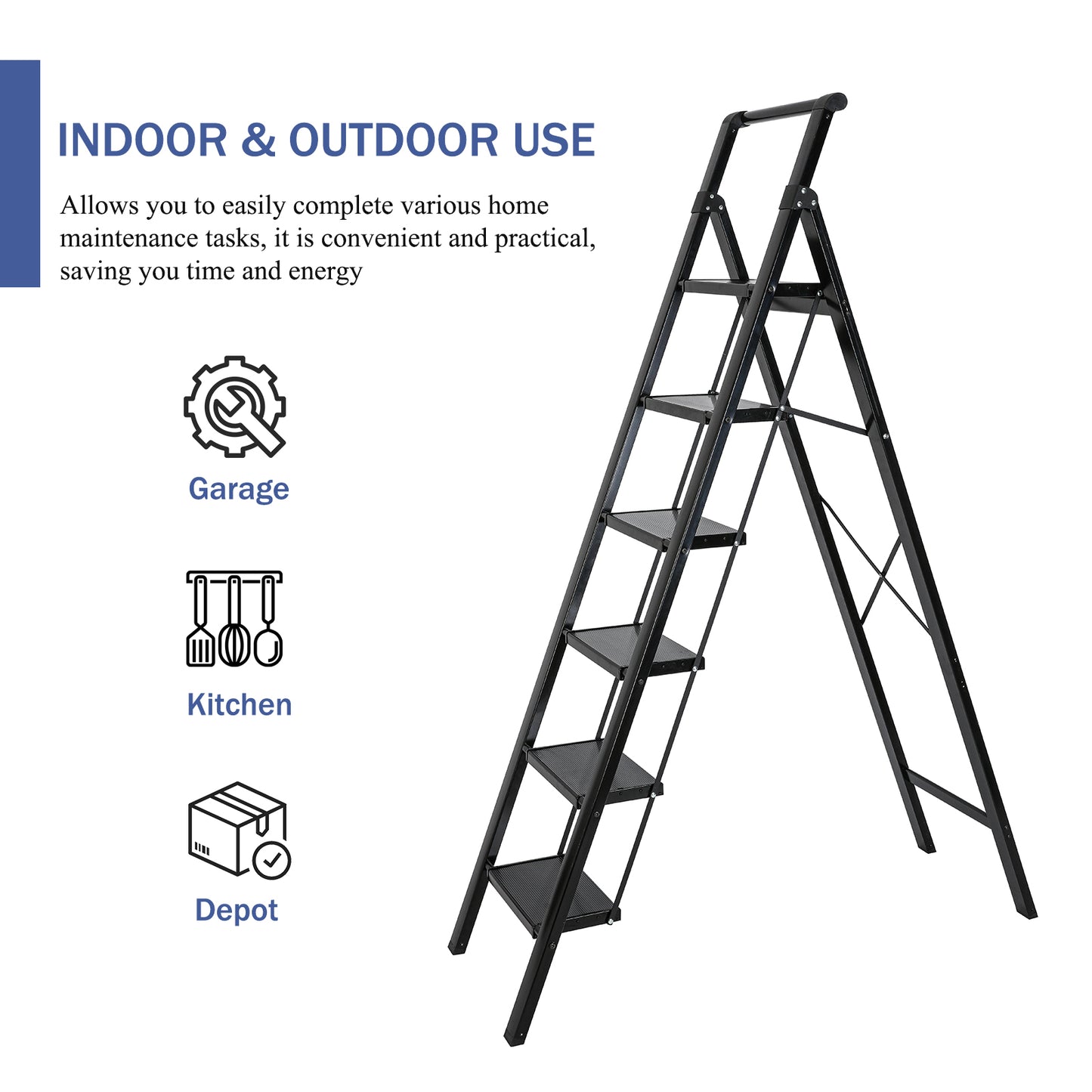 6-Step Aluminum Folding Step Stool Ladder 330 lbs. Load Capacity Type IA Duty Rating (5.57 ft. Reach Height), Black
