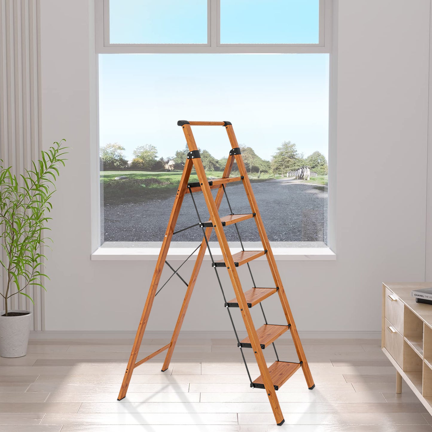 6-Step Aluminum Folding Step Stool Ladder 330 lbs. Load Capacity Type IA Duty Rating (5.57 ft. Reach Height), Wood GRain