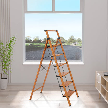6-Step Aluminum Folding Step Stool Ladder 330 lbs. Load Capacity Type IA Duty Rating (5.57 ft. Reach Height), Wood GRain