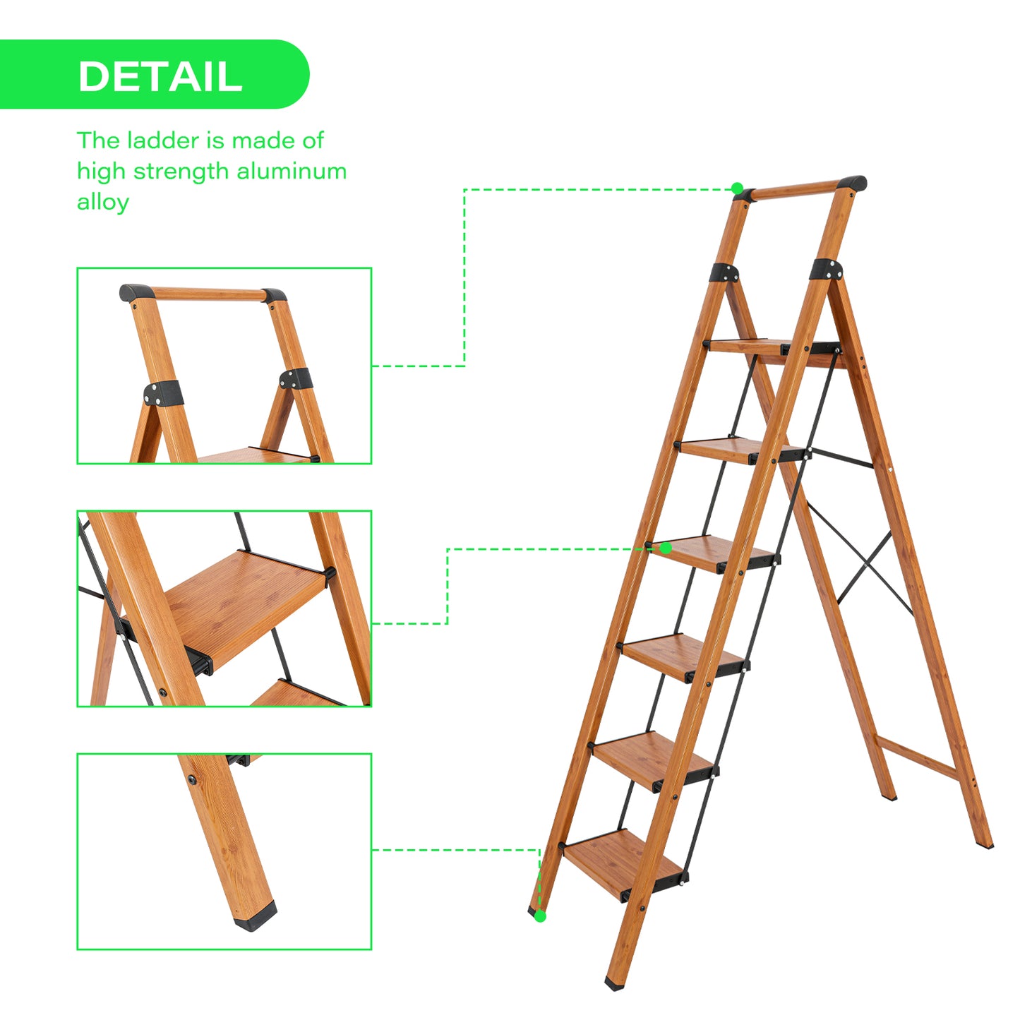 6-Step Aluminum Folding Step Stool Ladder 330 lbs. Load Capacity Type IA Duty Rating (5.57 ft. Reach Height), Wood GRain