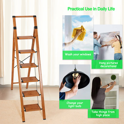 6-Step Aluminum Folding Step Stool Ladder 330 lbs. Load Capacity Type IA Duty Rating (5.57 ft. Reach Height), Wood GRain