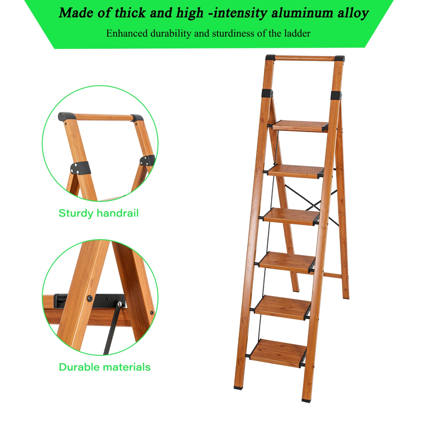 6-Step Aluminum Folding Step Stool Ladder 330 lbs. Load Capacity Type IA Duty Rating (5.57 ft. Reach Height), Wood GRain