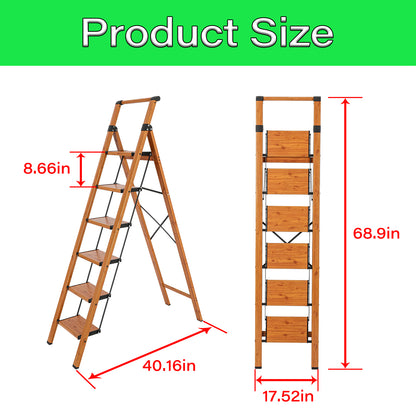 6-Step Aluminum Folding Step Stool Ladder 330 lbs. Load Capacity Type IA Duty Rating (5.57 ft. Reach Height), Wood GRain