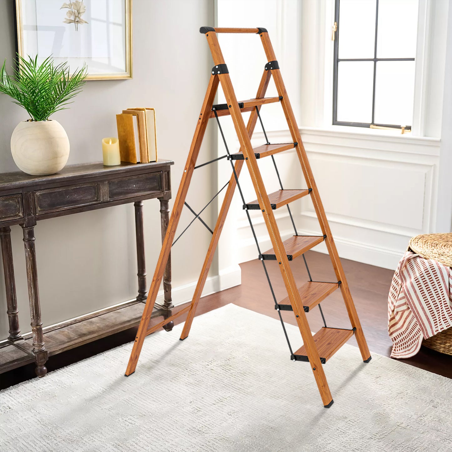 6-Step Aluminum Folding Step Stool Ladder 330 lbs. Load Capacity Type IA Duty Rating (5.57 ft. Reach Height), Wood GRain
