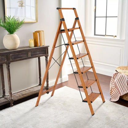 6-Step Aluminum Folding Step Stool Ladder 330 lbs. Load Capacity Type IA Duty Rating (5.57 ft. Reach Height), Wood GRain