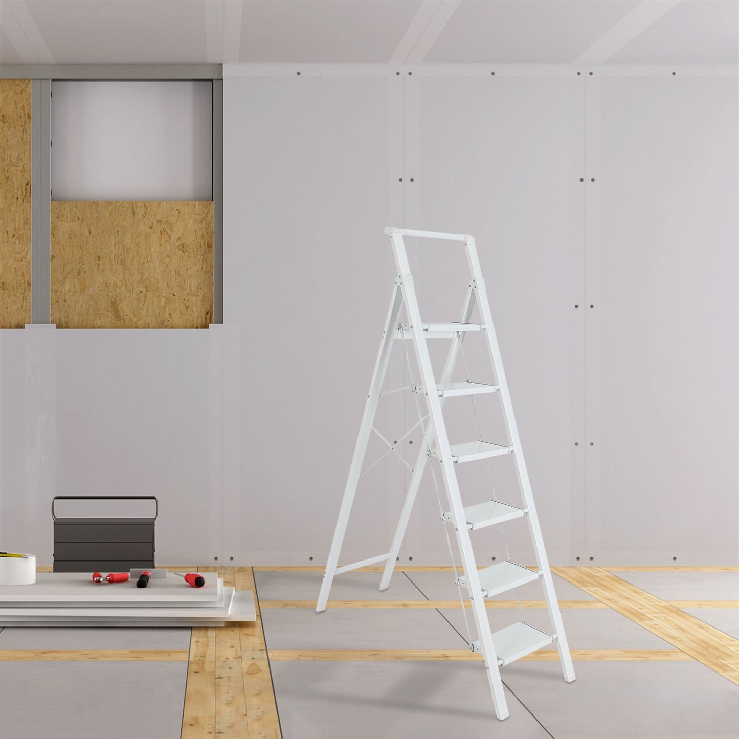 6-Step Aluminum Folding Step Stool Ladder 330 lbs. Load Capacity Type IA Duty Rating (5.57 ft. Reach Height), White