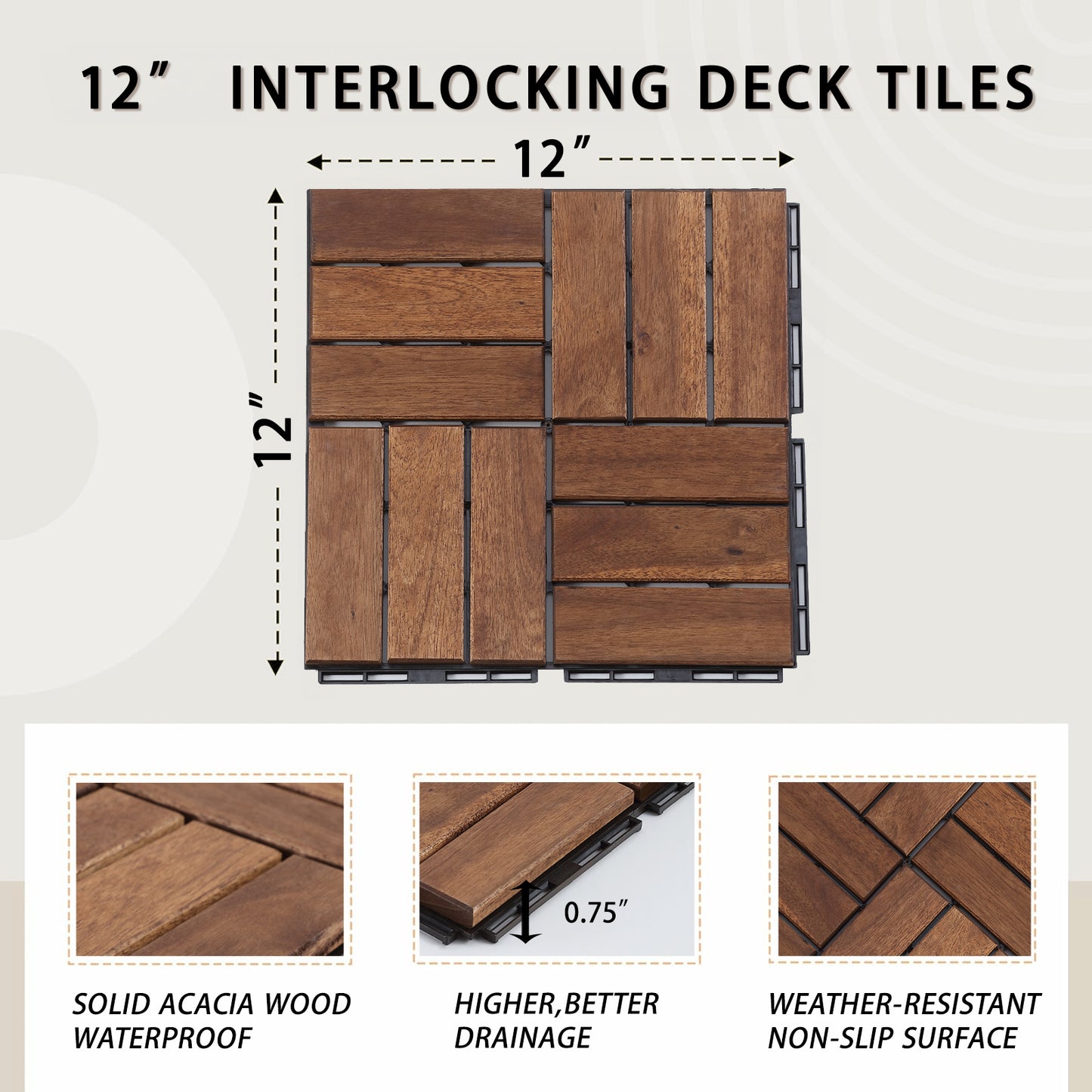 12 in. x 12 in. Outdoor Acacia Wood Flooring Interlocking Deck Tiles in Brown(10-pieces)