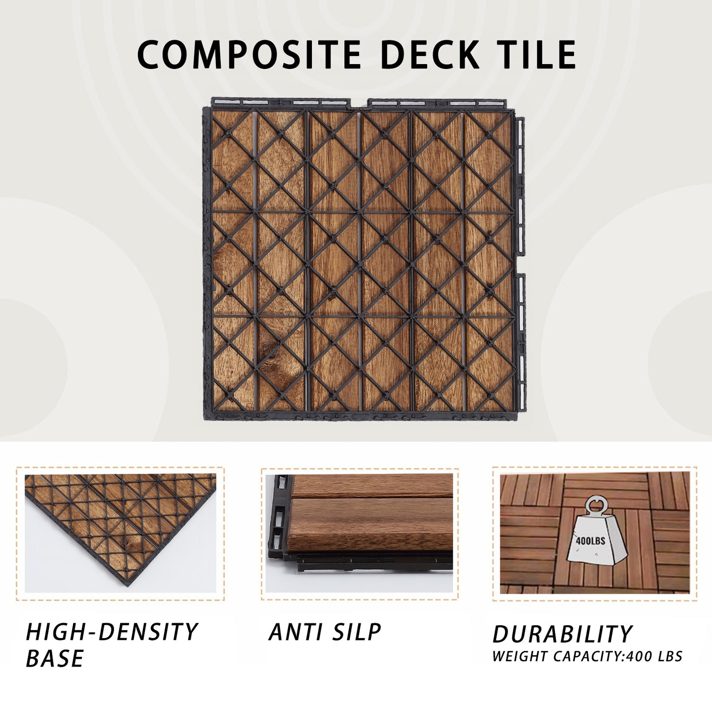 12" L x 12" W Solid Wood Interlocking Deck Tile（pack of 10)