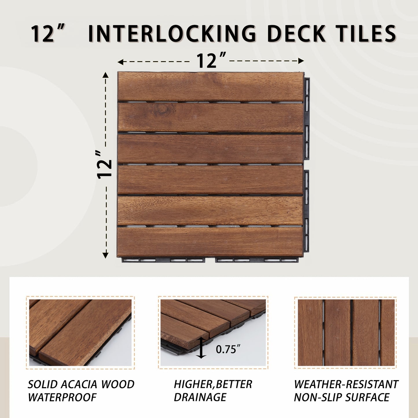 12" L x 12" W Solid Wood Interlocking Deck Tile（pack of 10)