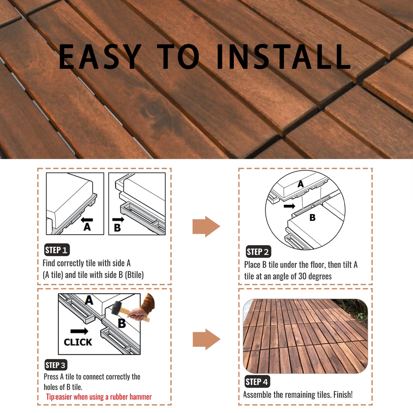 12" L x 12" W Solid Wood Interlocking Deck Tile（pack of 10)
