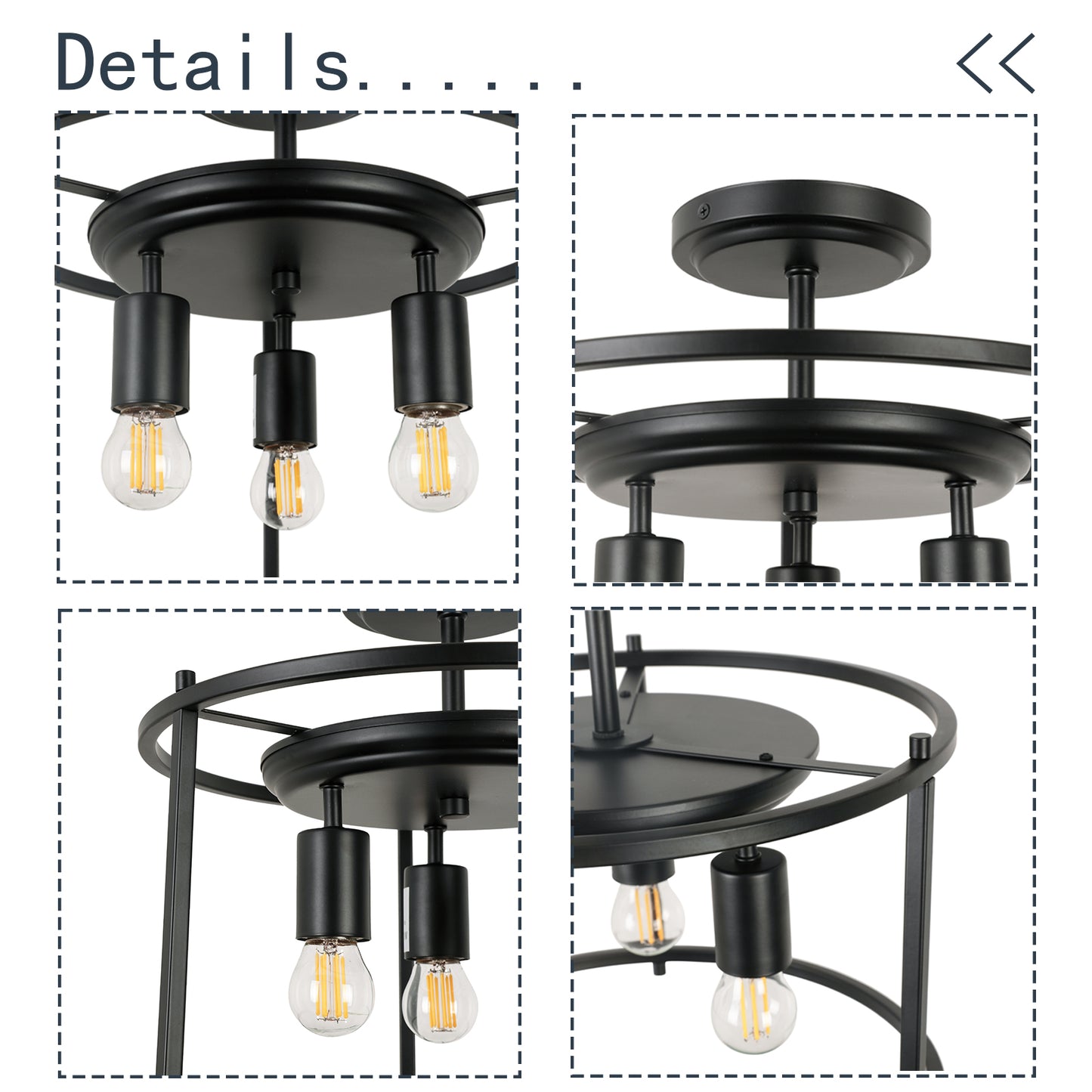 3-Light Semi-flush mount Indoor Modern Drum Cage design Matte Black Ceiling Lamp