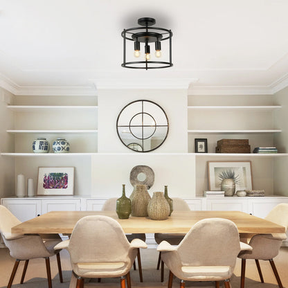 3-Light Semi-flush mount Indoor Modern Drum Cage design Matte Black Ceiling Lamp