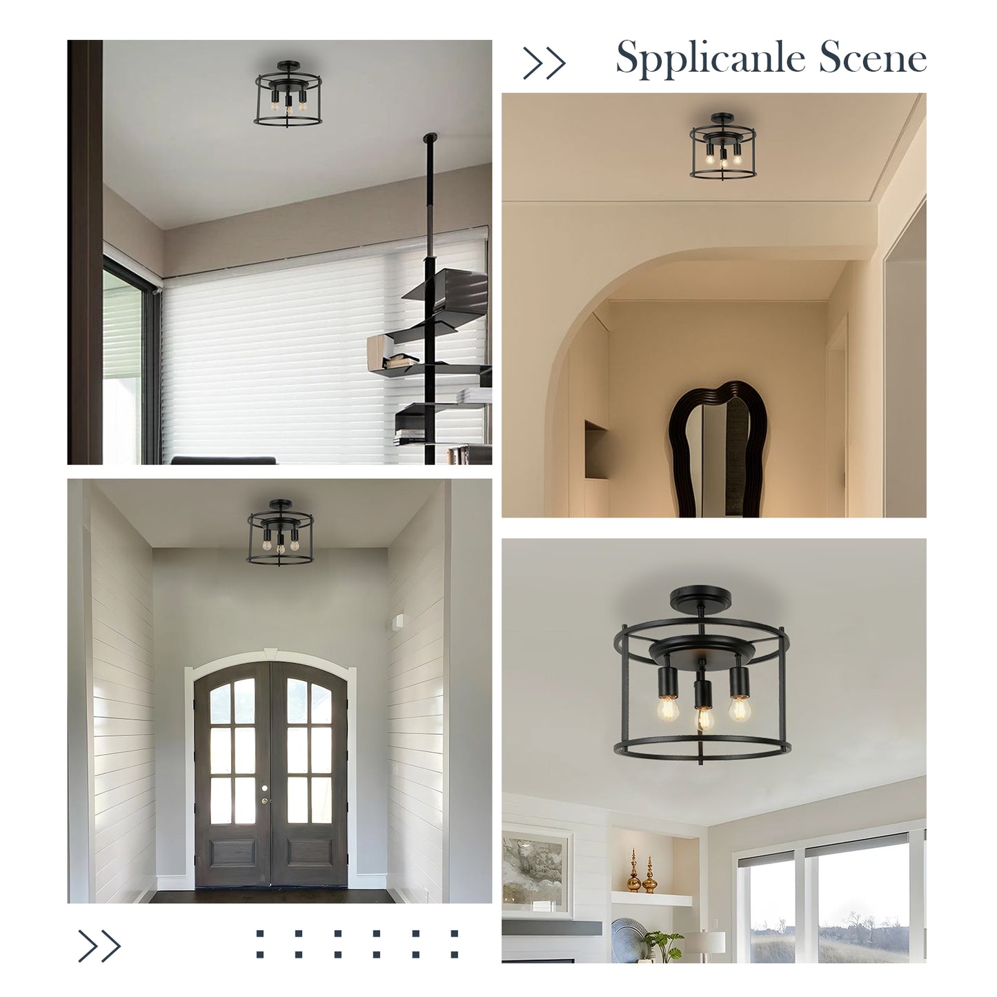 3-Light Semi-flush mount Indoor Modern Drum Cage design Matte Black Ceiling Lamp