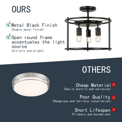 3-Light Semi-flush mount Indoor Modern Drum Cage design Matte Black Ceiling Lamp