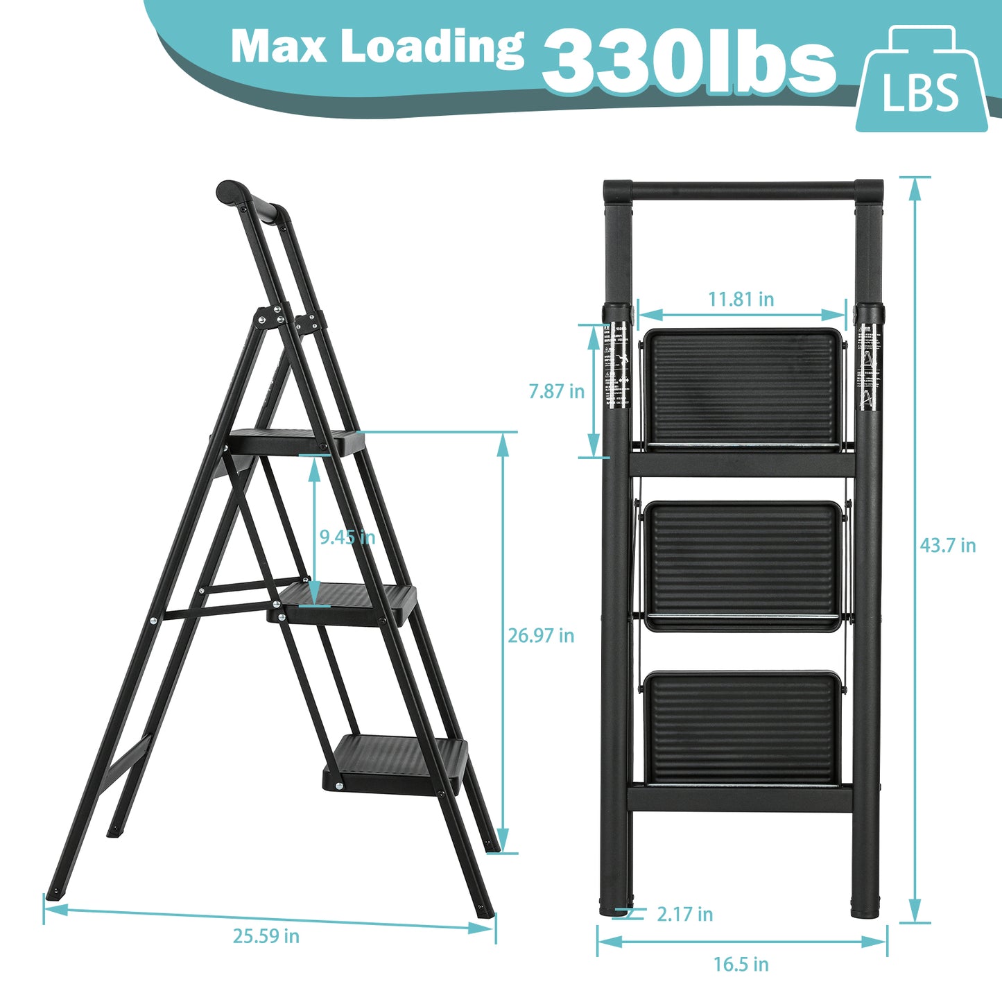3 Aluminum Step Ladder, 3 Step Stool Folding Step Stool with Handrails, Sturdy Step Stool for Adult, Gorilla Ladders 500LBS Capacity Sturdy& Portable Ladder for Home Kitchen Library Office