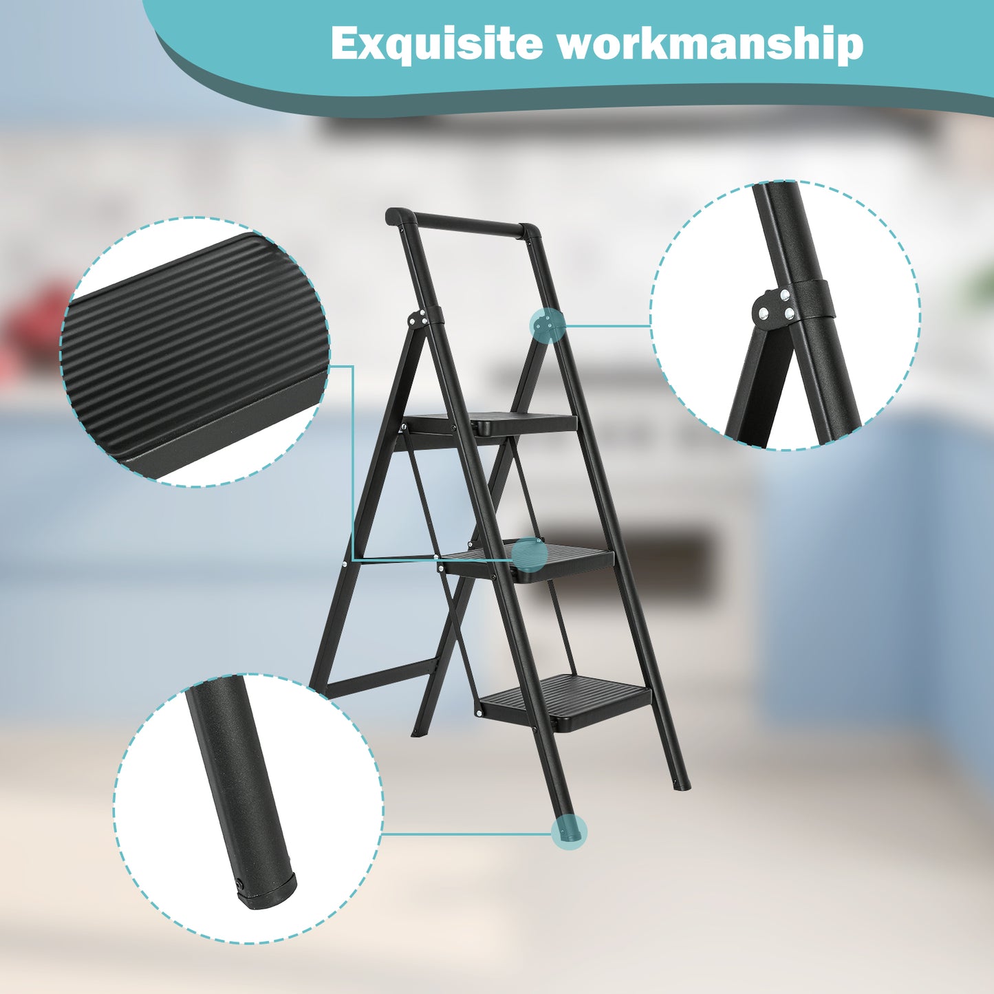 3 Aluminum Step Ladder, 3 Step Stool Folding Step Stool with Handrails, Sturdy Step Stool for Adult, Gorilla Ladders 500LBS Capacity Sturdy& Portable Ladder for Home Kitchen Library Office