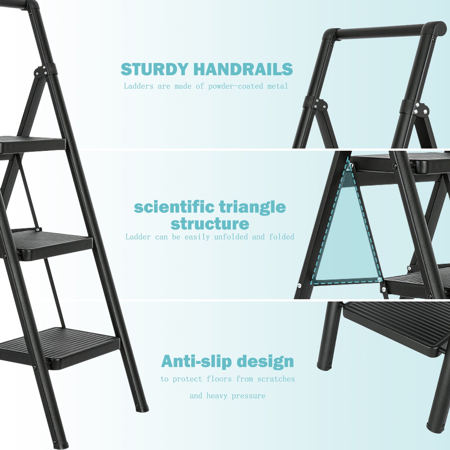 3 Aluminum Step Ladder, 3 Step Stool Folding Step Stool with Handrails, Sturdy Step Stool for Adult, Gorilla Ladders 500LBS Capacity Sturdy& Portable Ladder for Home Kitchen Library Office