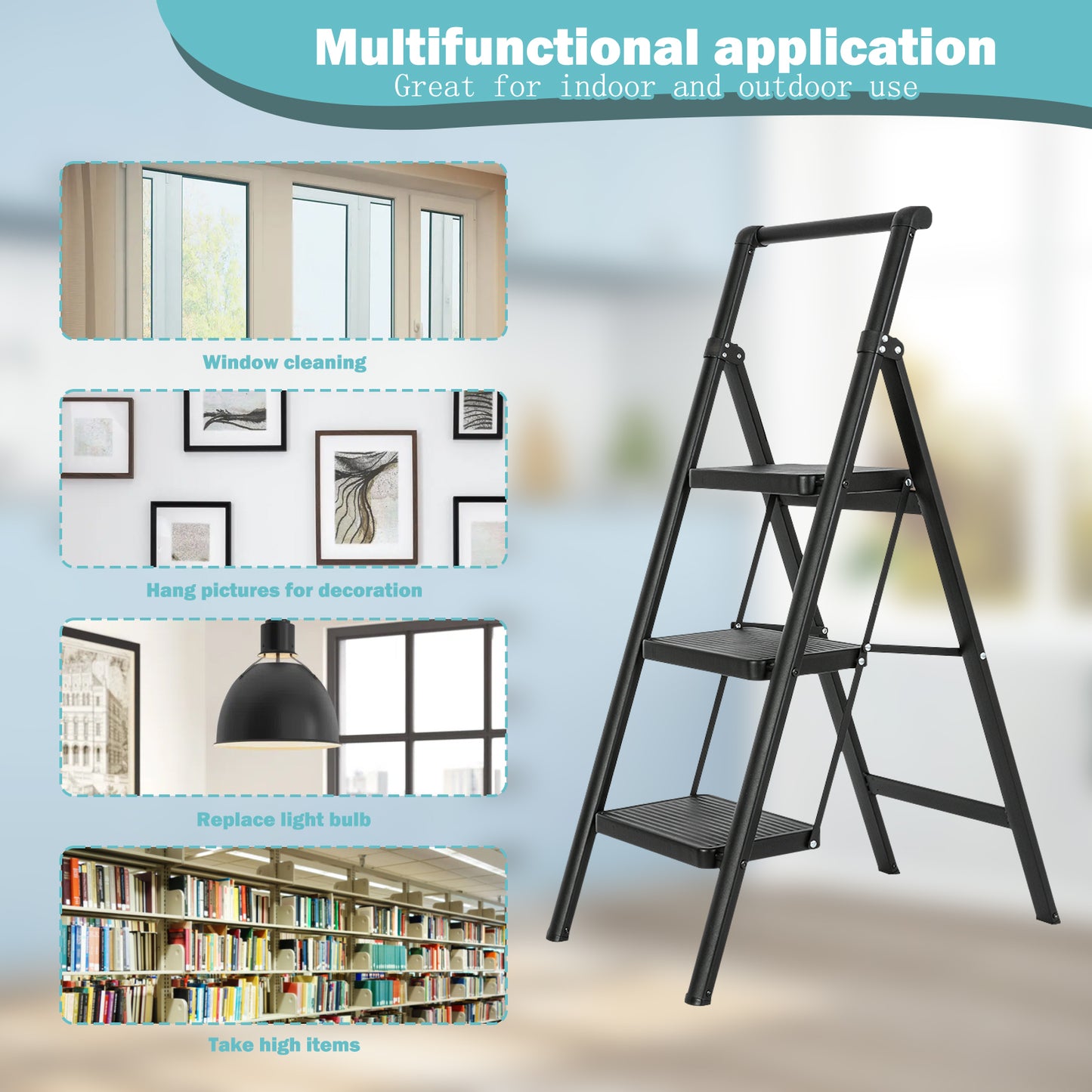 3 Aluminum Step Ladder, 3 Step Stool Folding Step Stool with Handrails, Sturdy Step Stool for Adult, Gorilla Ladders 500LBS Capacity Sturdy& Portable Ladder for Home Kitchen Library Office