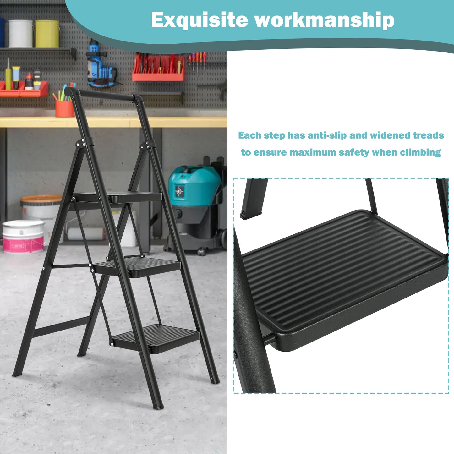 3 Aluminum Step Ladder, 3 Step Stool Folding Step Stool with Handrails, Sturdy Step Stool for Adult, Gorilla Ladders 500LBS Capacity Sturdy& Portable Ladder for Home Kitchen Library Office