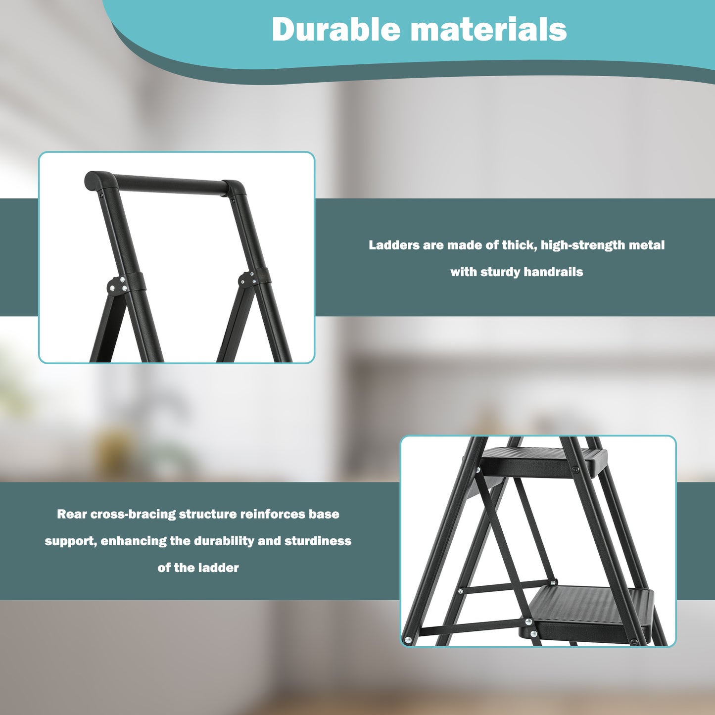 3 Aluminum Step Ladder, 3 Step Stool Folding Step Stool with Handrails, Sturdy Step Stool for Adult, Gorilla Ladders 500LBS Capacity Sturdy& Portable Ladder for Home Kitchen Library Office
