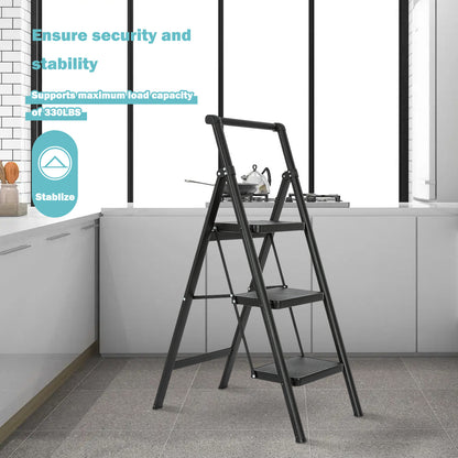 3 Aluminum Step Ladder, 3 Step Stool Folding Step Stool with Handrails, Sturdy Step Stool for Adult, Gorilla Ladders 500LBS Capacity Sturdy& Portable Ladder for Home Kitchen Library Office