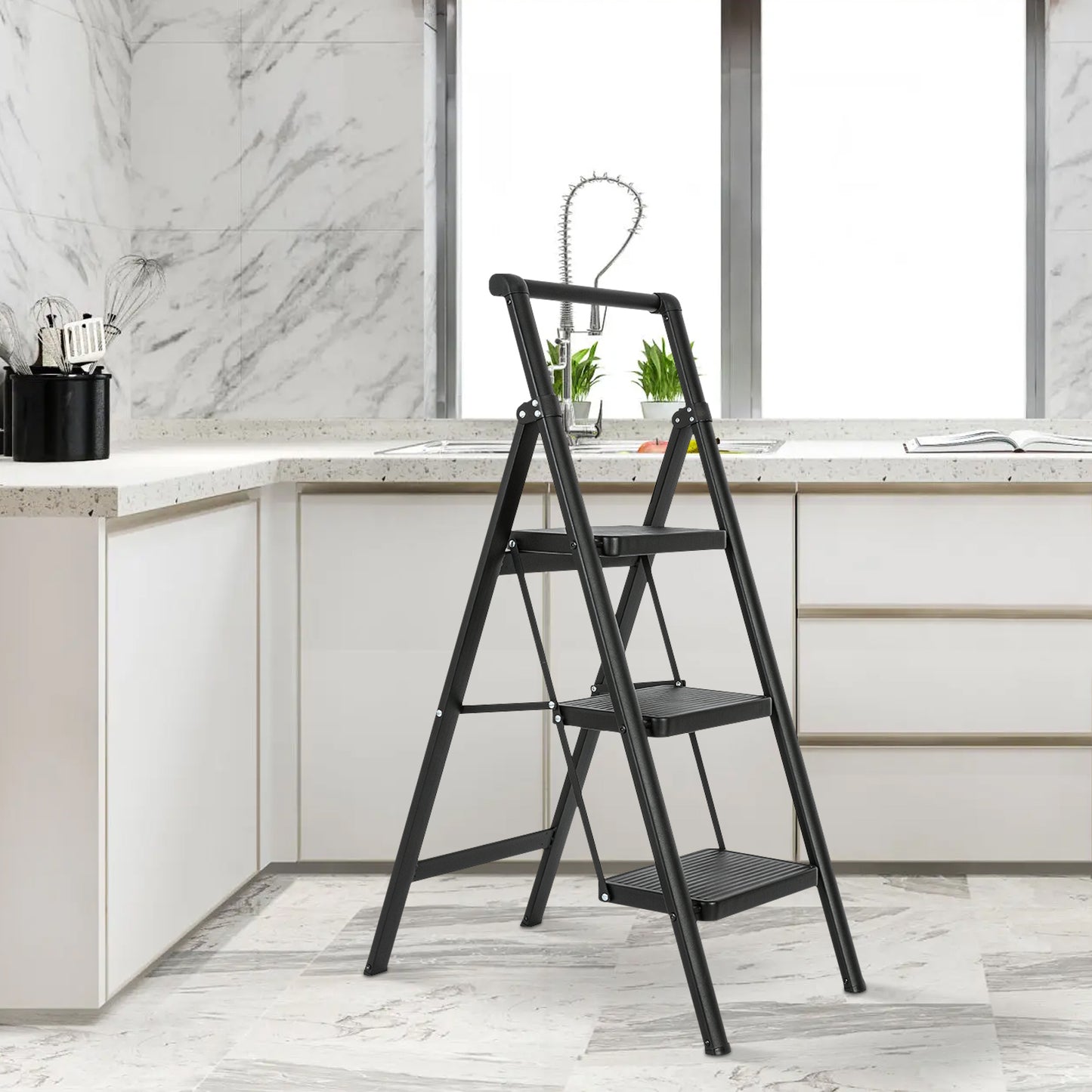 3 Aluminum Step Ladder, 3 Step Stool Folding Step Stool with Handrails, Sturdy Step Stool for Adult, Gorilla Ladders 500LBS Capacity Sturdy& Portable Ladder for Home Kitchen Library Office