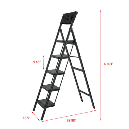 5 Step Ladder Steel Folding Step Stool Ladder with Tool Bag,330 lbs. Load Capacity