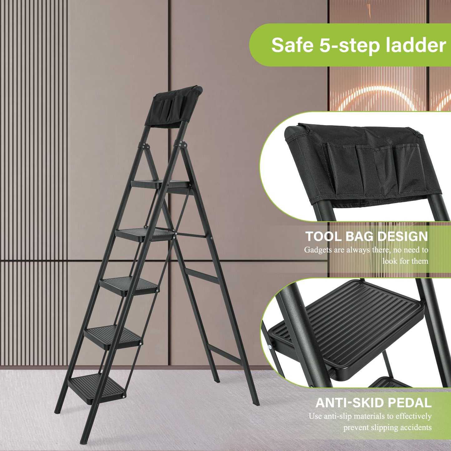 5 Step Ladder Steel Folding Step Stool Ladder with Tool Bag,330 lbs. Load Capacity