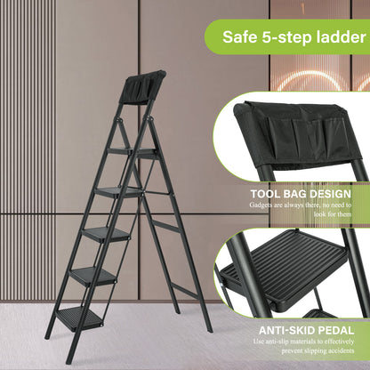 5 Step Ladder Steel Folding Step Stool Ladder with Tool Bag,330 lbs. Load Capacity