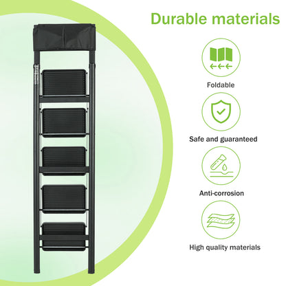 5 Step Ladder Steel Folding Step Stool Ladder with Tool Bag,330 lbs. Load Capacity