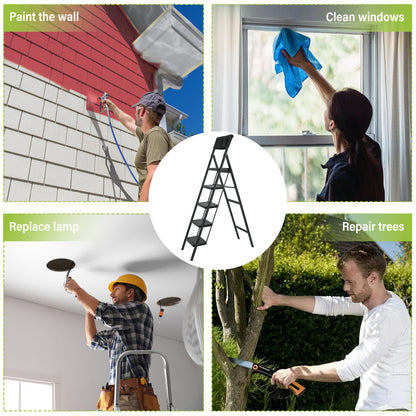 5 Step Ladder Steel Folding Step Stool Ladder with Tool Bag,330 lbs. Load Capacity