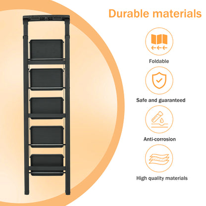 5 Step Ladder Steel Folding Step Stool Ladder with Tool Box,330 lbs. Load Capacity