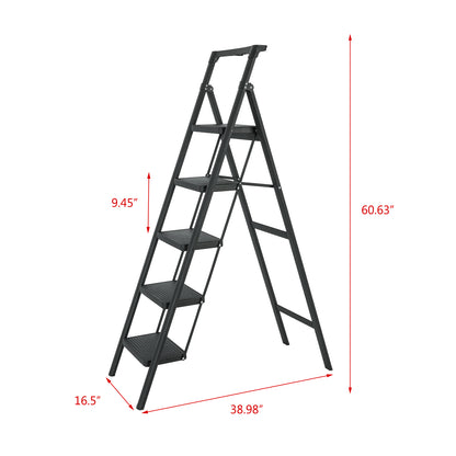 5 Step Ladder Steel Folding Step Stool Ladder with Tool Box,330 lbs. Load Capacity