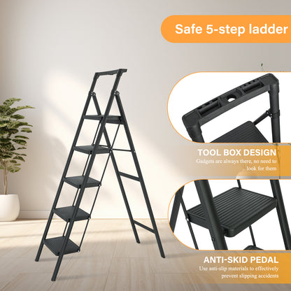 5 Step Ladder Steel Folding Step Stool Ladder with Tool Box,330 lbs. Load Capacity