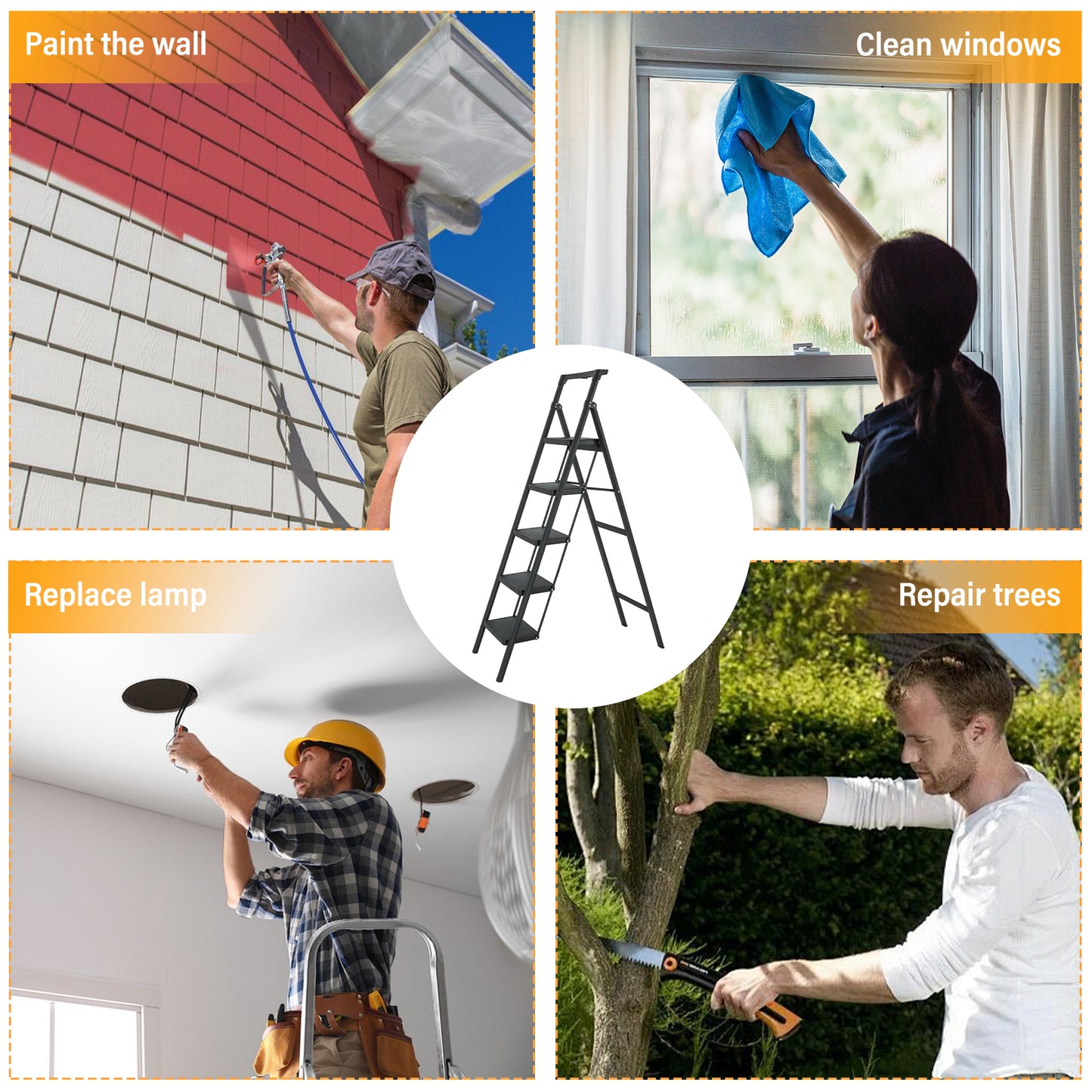 5 Step Ladder Steel Folding Step Stool Ladder with Tool Box,330 lbs. Load Capacity