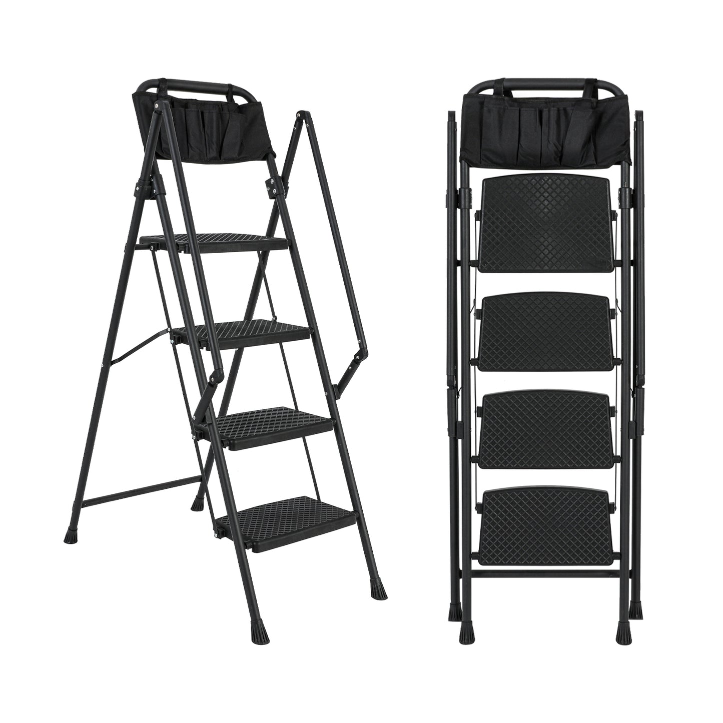 4-Step Foldable Light Weight Wide Anti Slip Pedal and Safety Handle, Sturdy Multi-Purpose Step Ladder with tool bag